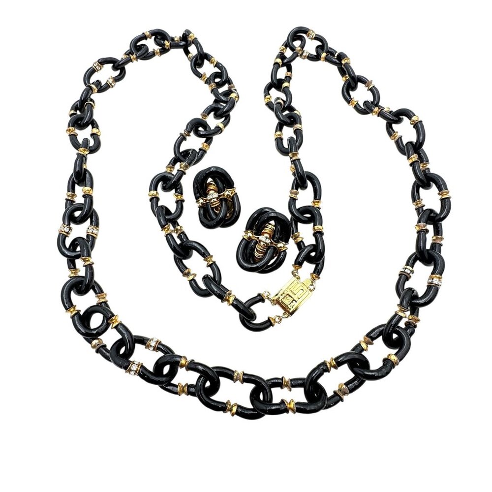 Vintage Archimede Seguso 4 Chanel Black Glass Long 40 Inch Necklace Earrings Set